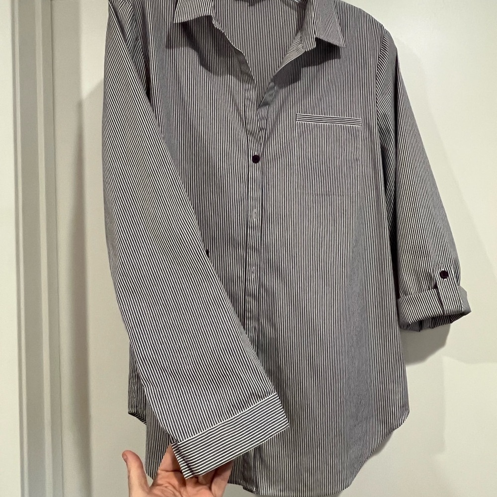 Lafayette 148 New York Navy White Striped Button Down Shirt M